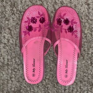 Pink Floral Sequin Flat Slippers for Women's